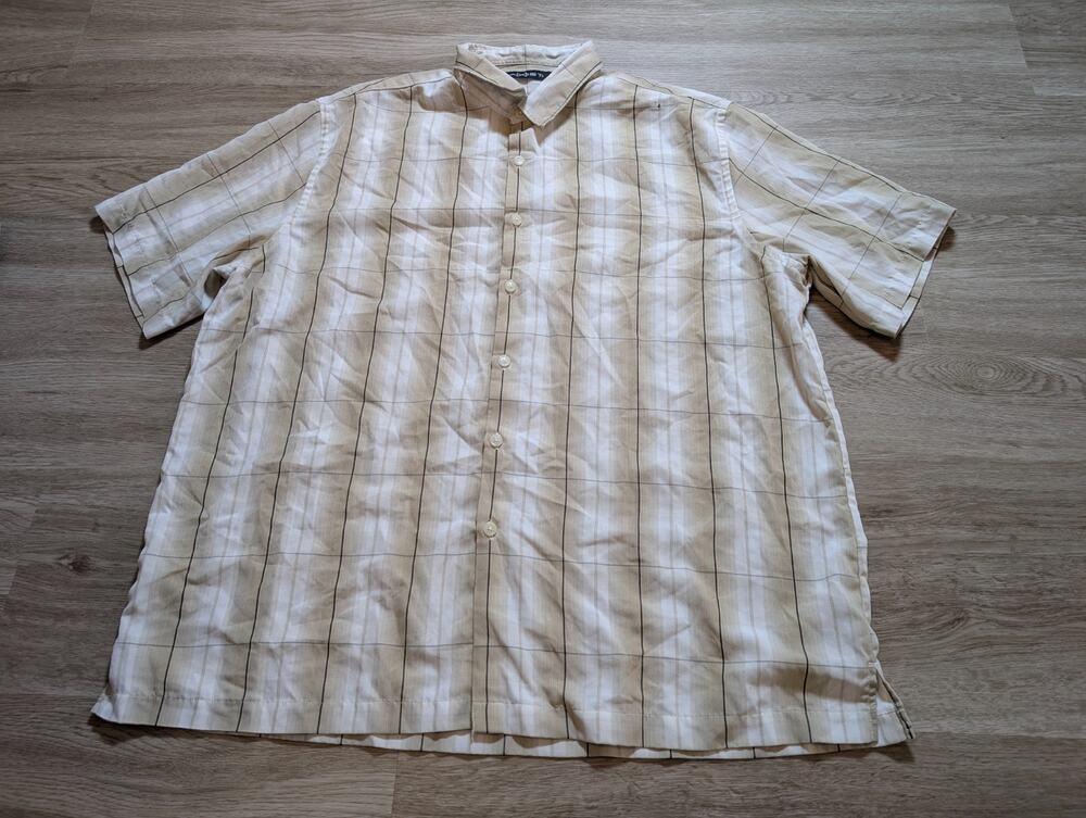 AXIST Mens XXL Beige Windowpane Button Up Shirt Short Sleeve Casual Classic